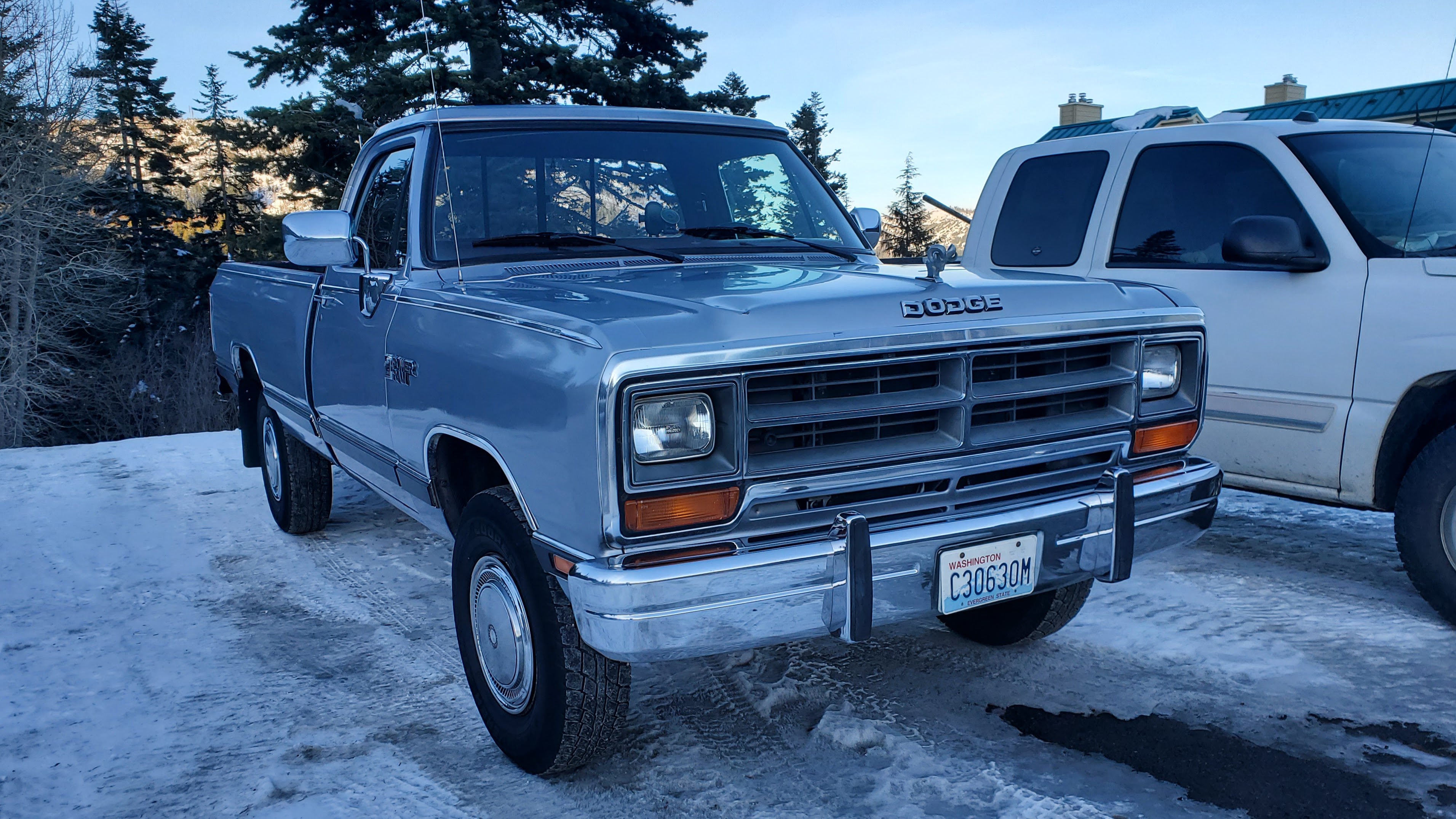Truck in snow, stock tires